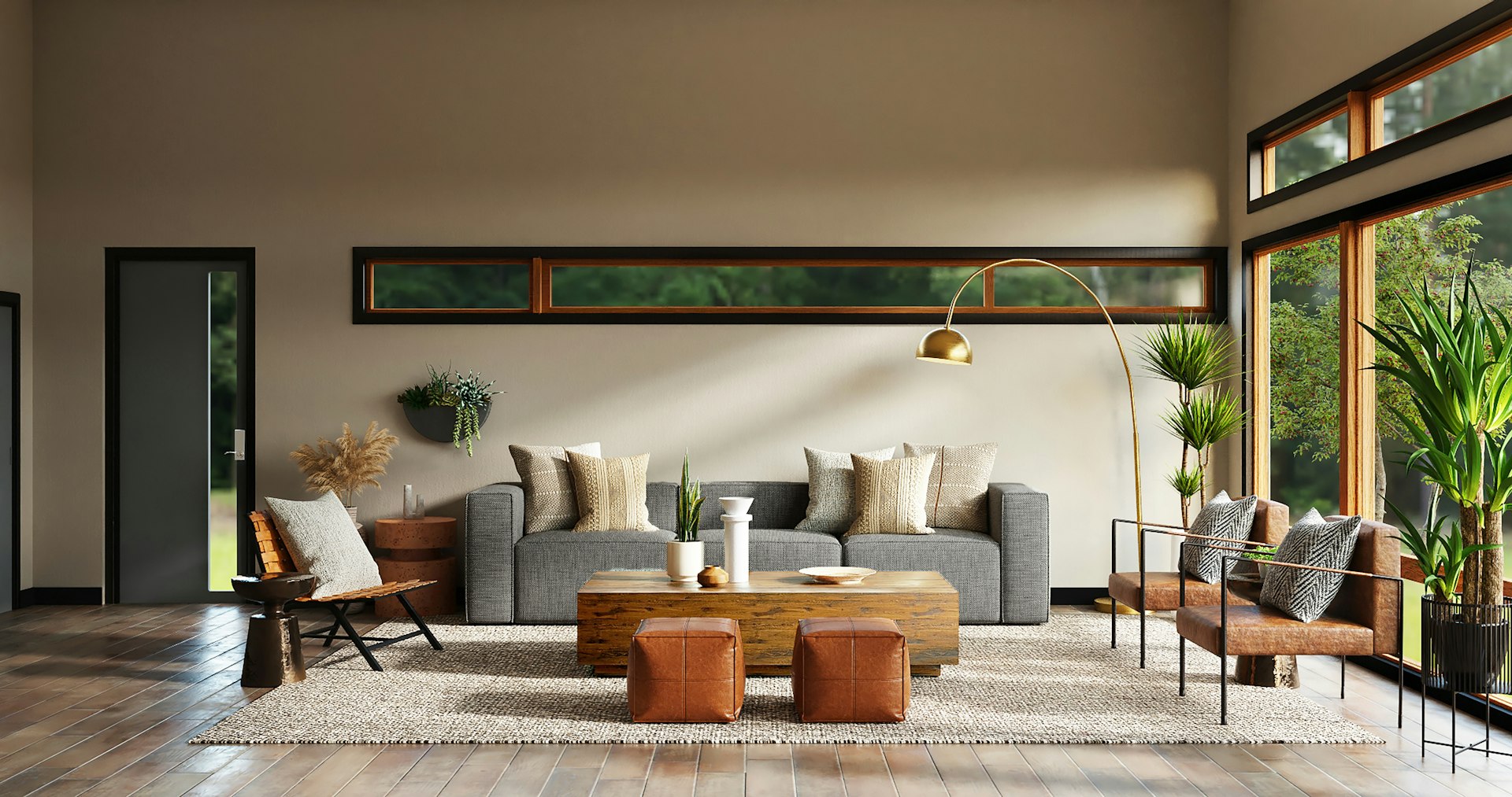 Modern apartment with city view, plants, and warm lighting